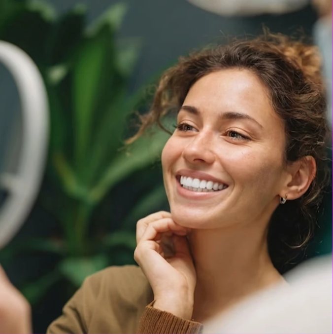 Femme souriante se regardant dans un miroir au cabinet dentaire