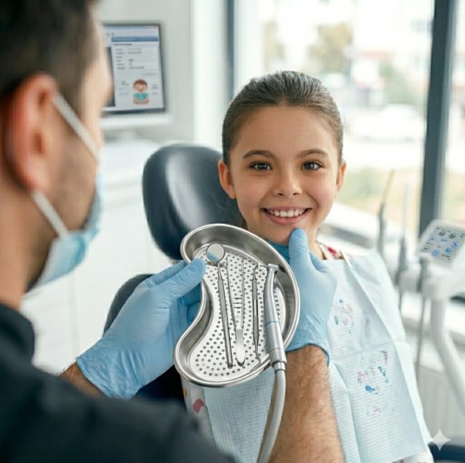 Jeune patiente souriante au fauteuil dentaire