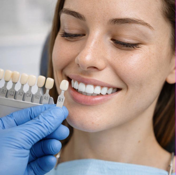 Dentiste comparant la teinte des dents d'une patiente
