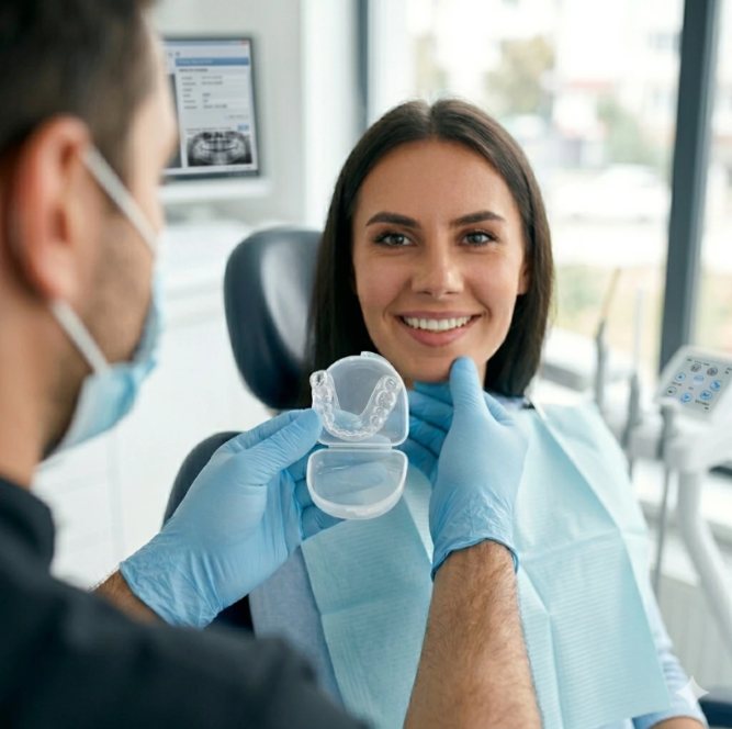 Dentiste présentant une gouttière à une patiente