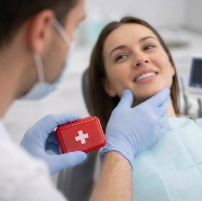 Dentiste rassurant une patiente lors d'une urgence